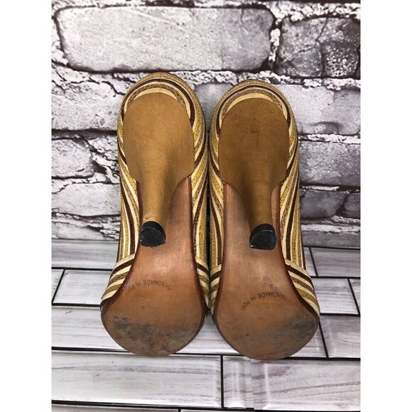 Marcello Toshi Gold Brown Stripe Fabric Peep Toe 5” High Heels Women Sz 6M US/37 - Picture 15 of 16